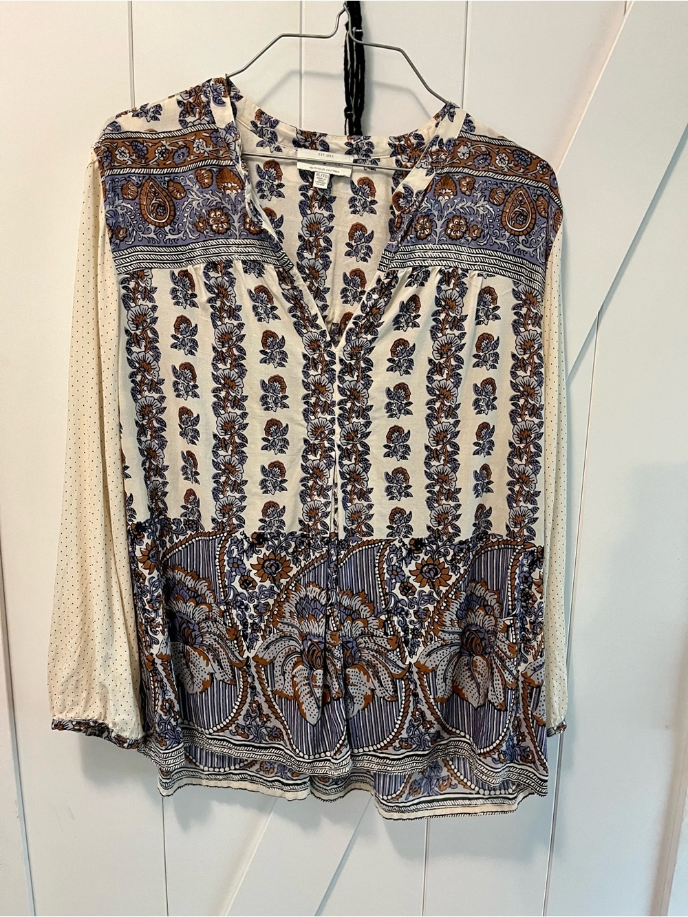 Lucky Brand Cream, Blue & Brown Boho Floral Peasant Blouse